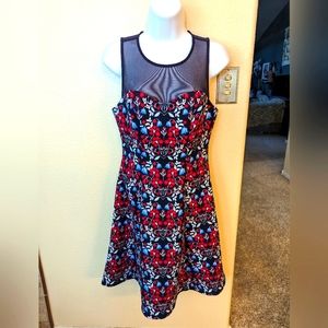 Guess Red/ Blue Floral Dress w/ mesh top size 6